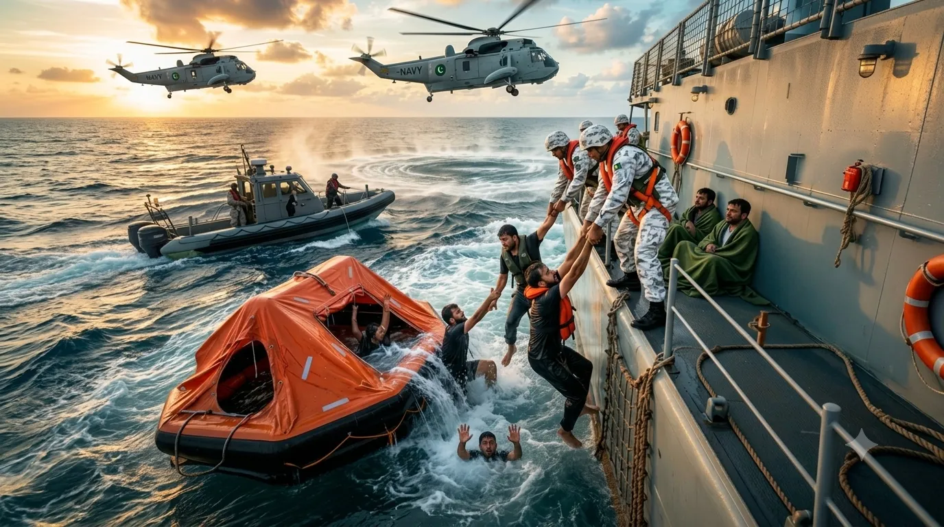Pakistan Navy Rescues 20 Crew Members from Sinking Cargo Dhow Near Ormara