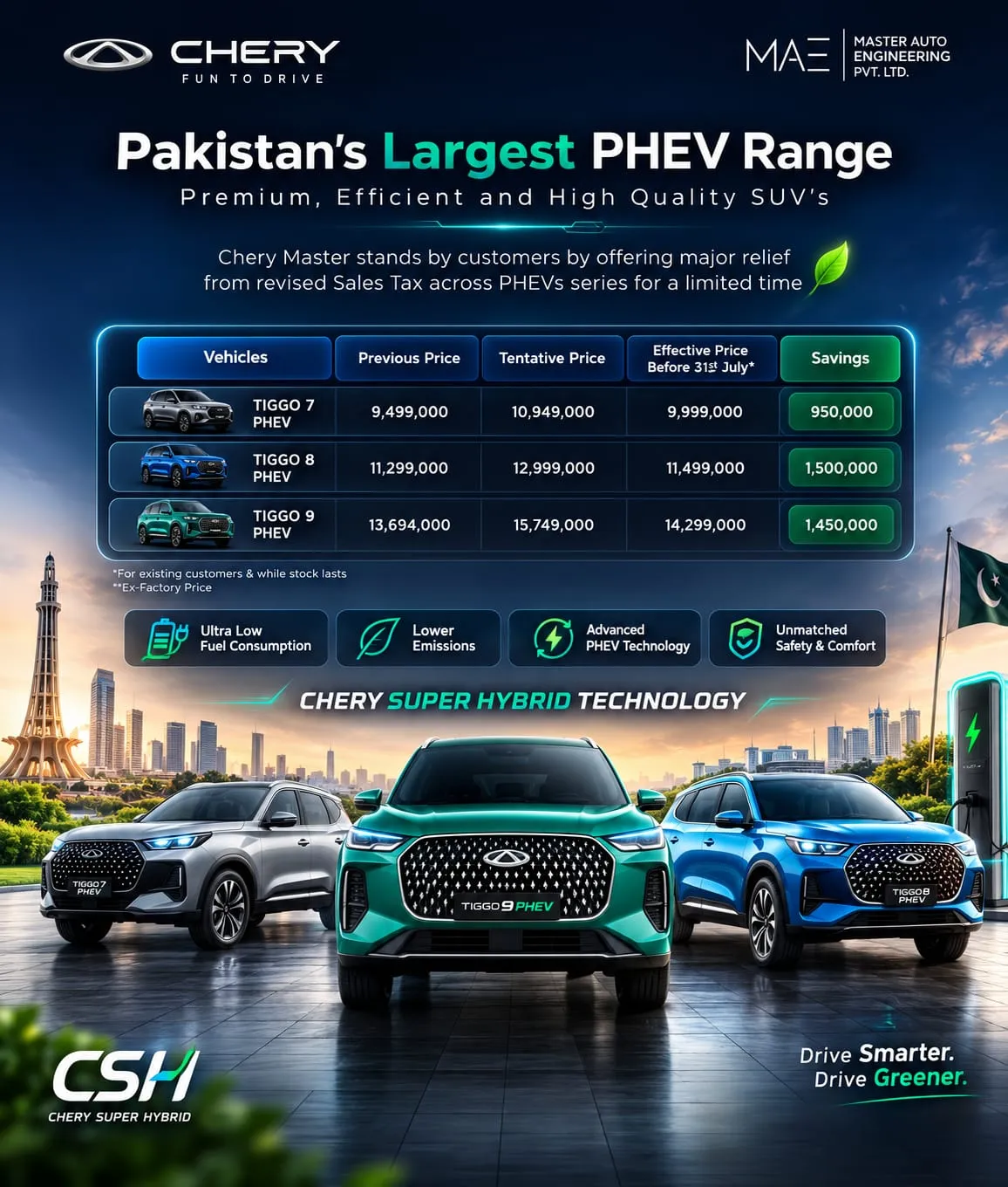 Chery Master Pakistan Announces Sales Tax Relief with Savings of Up to PKR 1.5 Million on Chery Super Hybrid Models